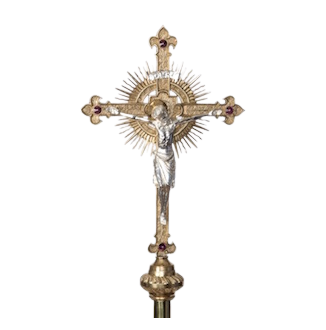 Traditional Silver Plated Corpus Processional Crucifix in Solid Brass Processional cross- with rays silver plated corpus  and "INRI" with decorative stones.