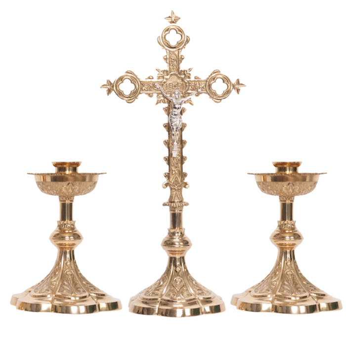 Traditional Solid Brass Crucifix and Candlesticks Altar Set