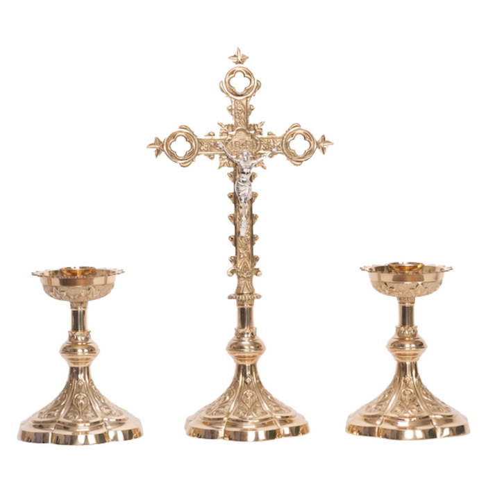 Traditional Solid Brass Crucifix and Candlesticks Altar Set