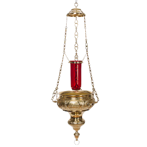 Traditional Altar Hanging Sanctuary Lamp Polished Brass and Lacquered Large Hanging Sanctuary Lamp