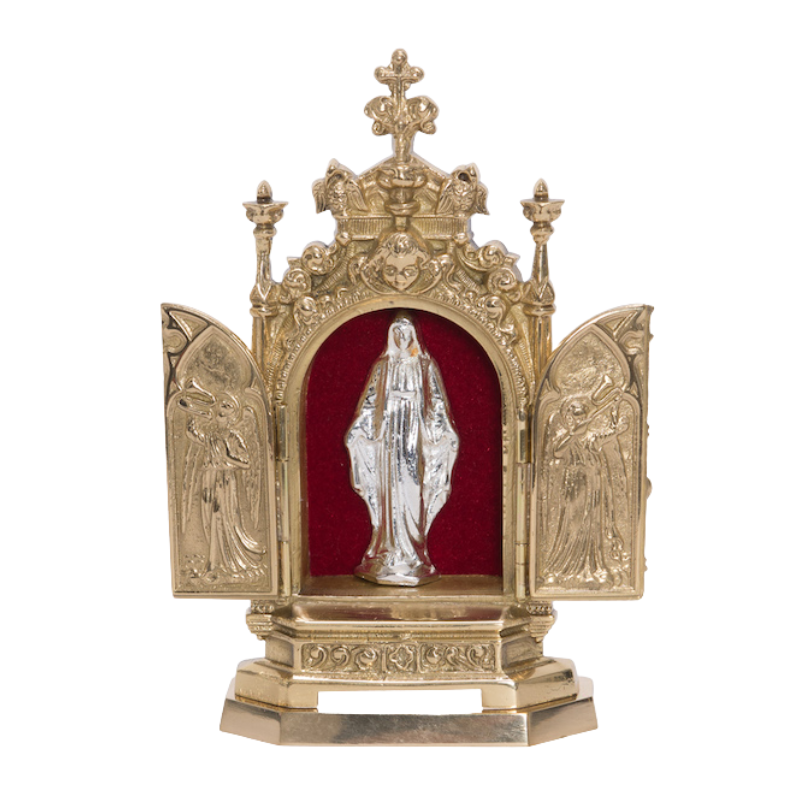 Tríptico Relicario de latón macizo con estatua plateada de la Santísima Virgen María