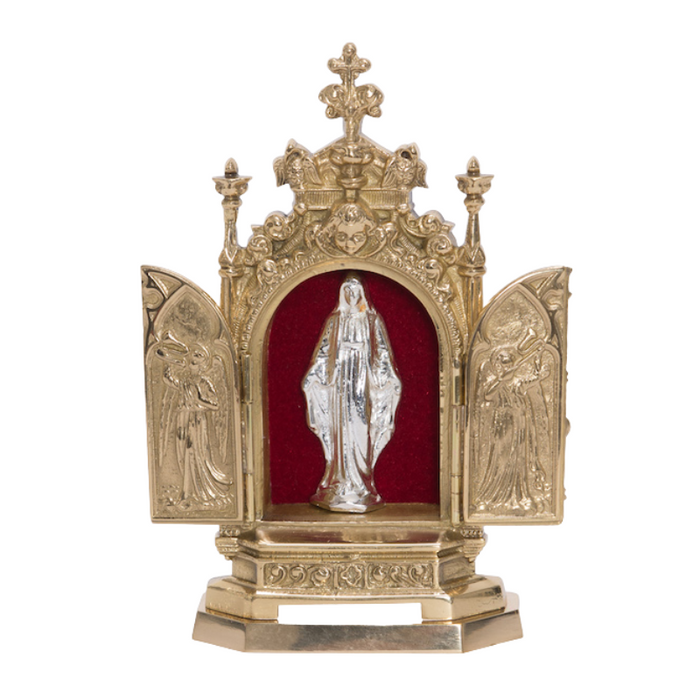 Triptych Solid Brass Reliquary with Silver Blessed Virgin Mary Statue