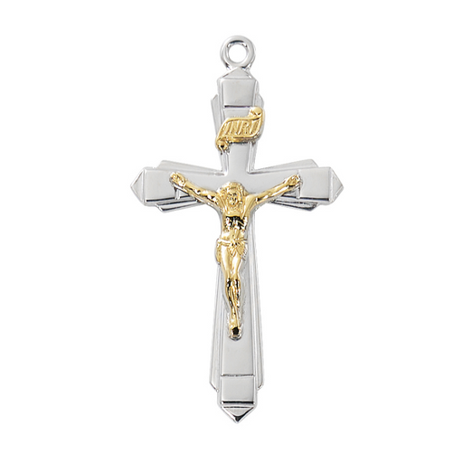 Two Tone Sterling Silver Crucifix with 24" Rhodium Plated Chain Crucifix Crucifix Symbolism Catholic Crucifix items