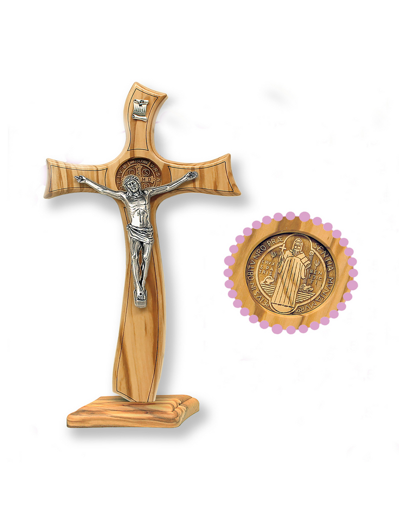 Unique St. Benedict Olive Wood Crucifix with Silver Plated Corpus on Base