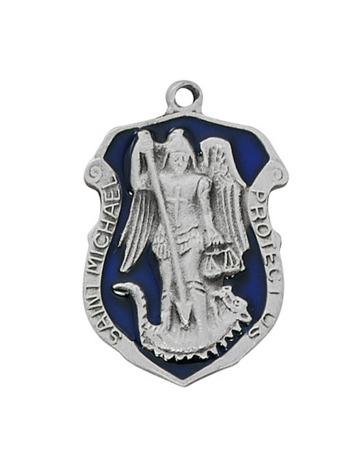 Blue Pewter St. Michael Police Badge Medal with 24" Silver Tone Chain