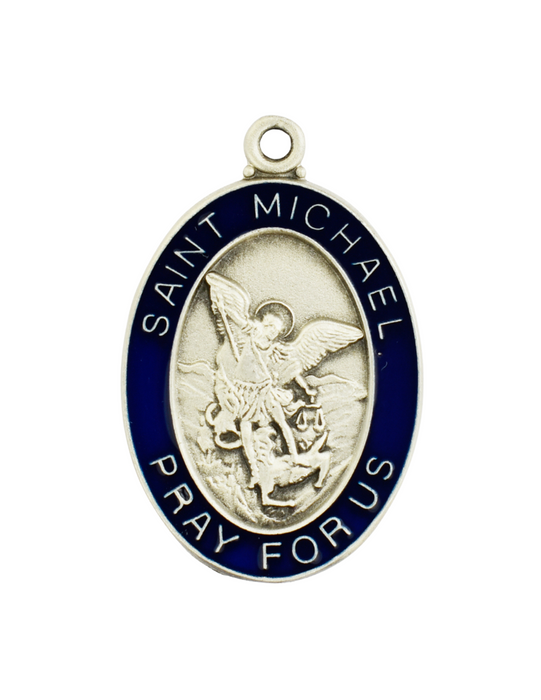 Blue Pewter St. Michael Medal with 24" L Rhodium Plated Chain