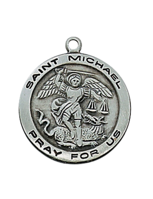 .75" Antique Silver St. Michael Medal with 18" L Rhodium Plated Chain Military Protection St. Michael Armed Forces Protection Armed Forces Guidance