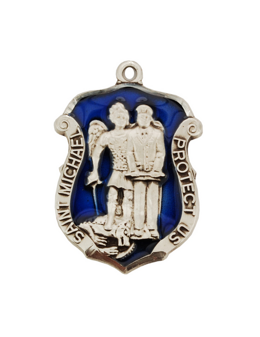Blue Sterling Silver St. Michael Police Badge Medal with 24" Rhodium Plated Chain Military Protection St. Michael Armed Forces Protection Armed Forces Guidance