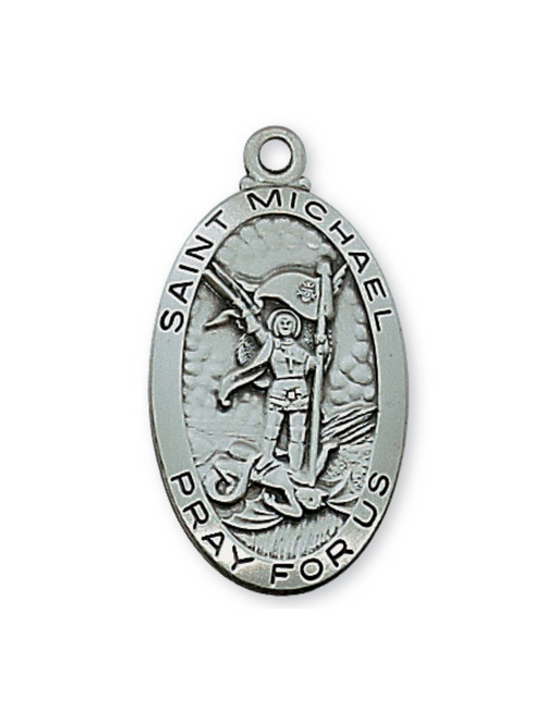 Antique Silver St. Michael Medal with 24" L Rhodium Plated Chain Military Protection St. Michael Armed Forces Protection Armed Forces Guidance