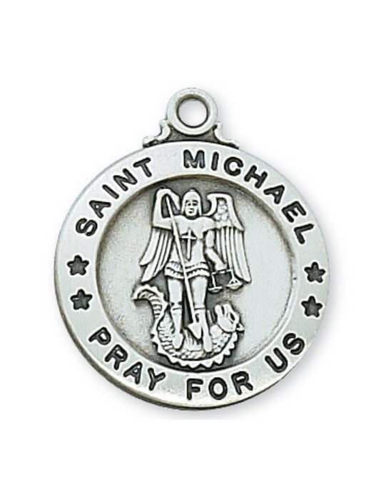 Medalla de San Miguel de plata de ley con cadena de rodio de 20"