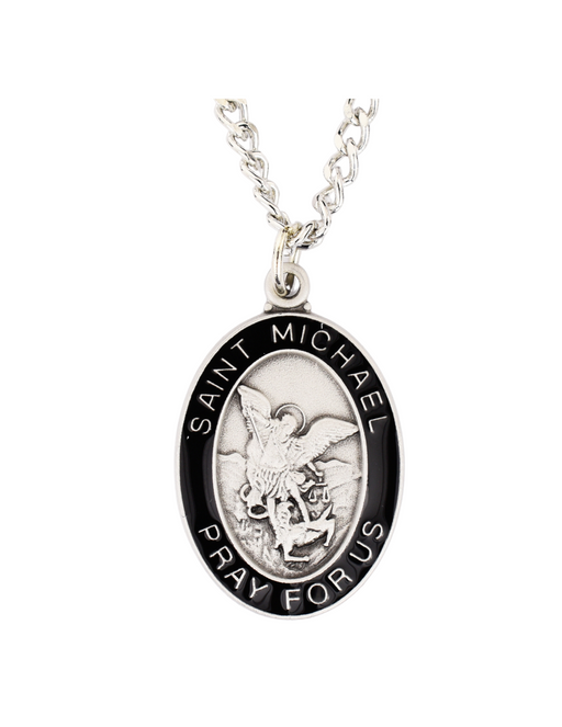 Black Pewter St. Michael Medal with 24" Rhodium Plated Chain