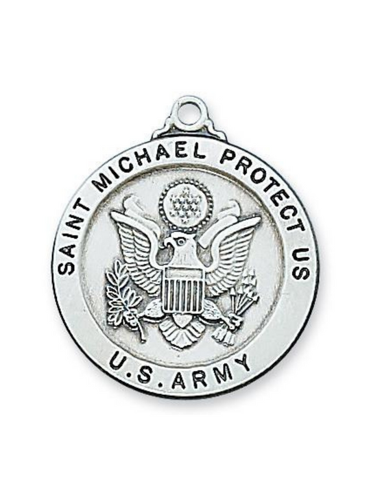 Medalla del Ejército Patrono San Miguel de plata de ley con cadena chapada en rodio de 24"