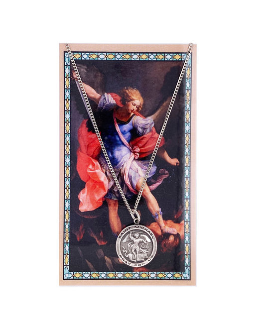 Laminated Holy Card St. Michael with 24" Medal Silver-Tone Pewter Chain St. Michael Medal St. Michael Medal Necklace