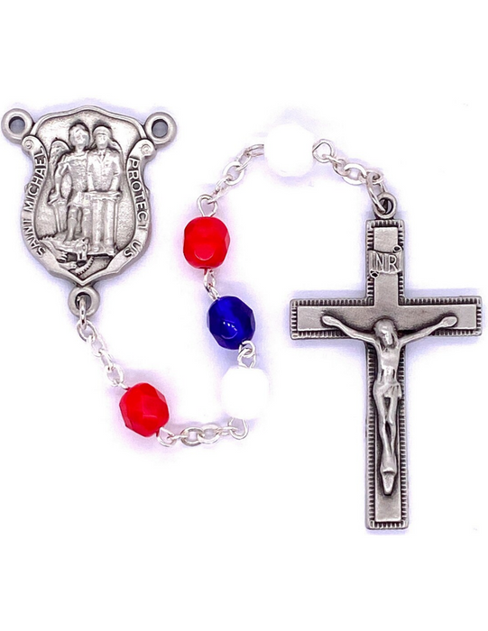 St. Michael Police Rosary made with red white and blue beads that features a Police Badge and Crucifix made from Pewter a perfect gift to your father brother family and friends during fathers day birthdays or any occasion