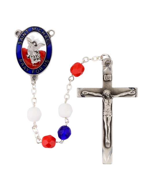 St. Michael Police Rosary made with red white and blue beads that features a Police Badge and Crucifix made from Pewter a perfect gift to your father brother family and friends during fathers day birthdays or any occasion