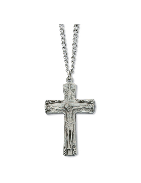 Trinity Crucifix Medal with 24" Silvertone Chain and Prayer Card Holy Trinity Father, Son and the Holy Spirit Holy Trinity Catholic items Holy Trinity keepsake