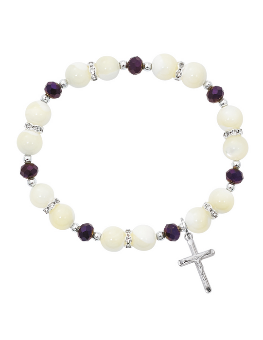 Mother of Pearl with Purple Crystal Crucifix Stretch Bracelet Mother of Pearl with  Crucifix Stretch Bracelet