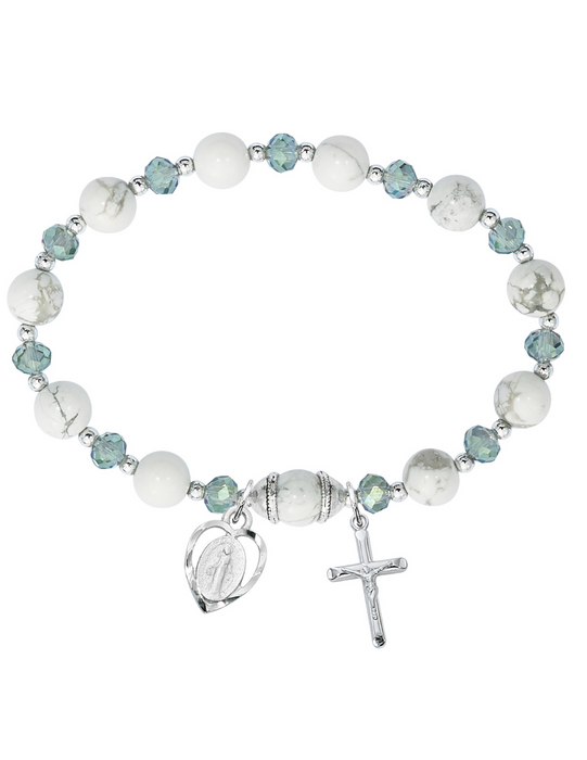 Howlite Beads with Gray and Crystal Beads Miraculous Medal Bracelet