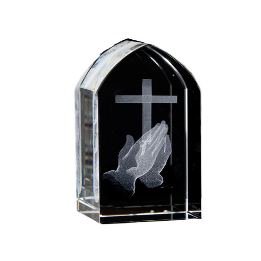 Praying Hands with Cross Etched Glass  Tower Crystal Crystal photo Glass Laser Etched image