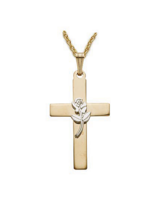 Gold Over Sterling Silver Cross with Rose and 18" Chain Cross Necklace Cross for Protection Necklace for Protection Cross Necklaces