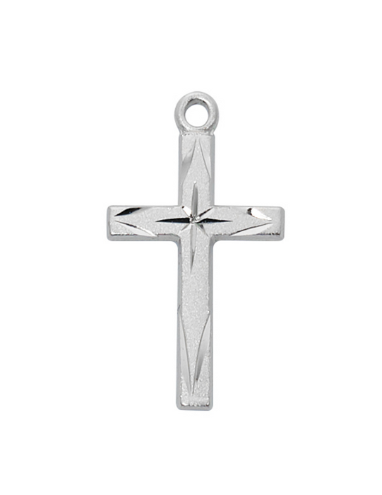 Sterling Silver Cross with Brite Cuts and 18" L Rhodium Plated Brass Chain