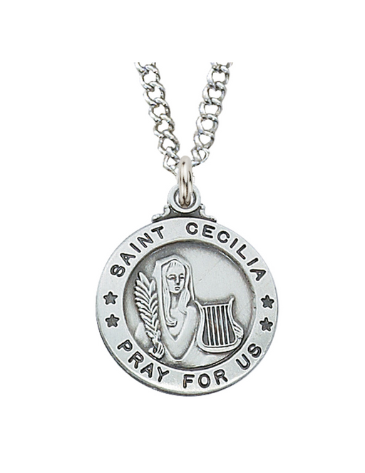 Sterling Silver St. Cecilia Medal with 20" Rhodium-Plated Chain Holy Medals Holy Medal Necklace Medals for Protection Necklace for Protection