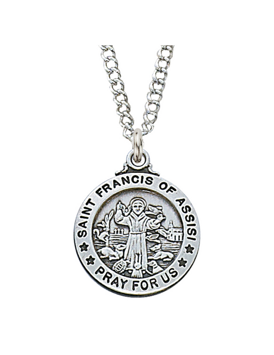 Sterling Silver St. Francis Medal with 20" L Rhodium Chain Holy Medals Holy Medal Necklace Medals for Protection Necklace for Protection