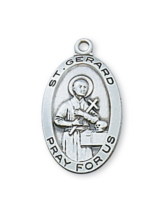 Medalla de San Gerardo de plata de ley grabable con cadena chapada en rodio de 18"