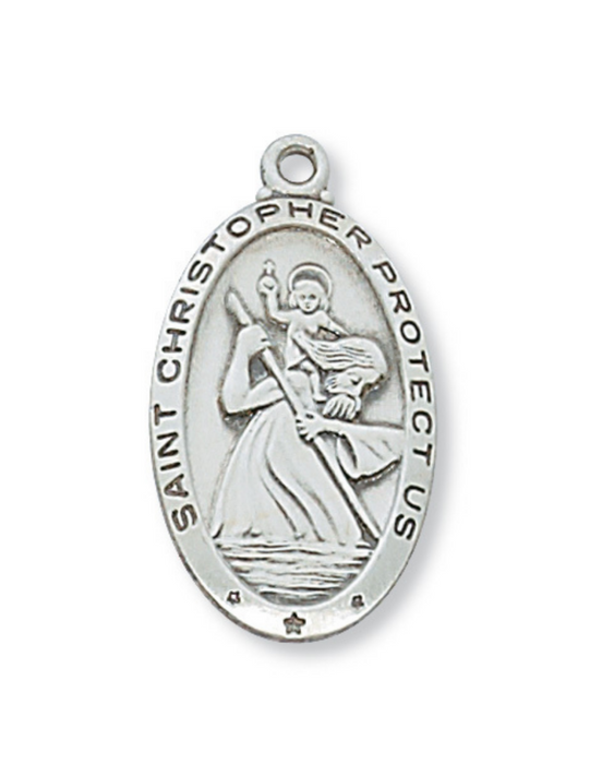 Medalla de San Cristóbal de plata de ley con cadena chapada en rodio de 24"