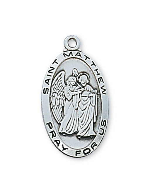 Engravable Sterling Silver St. Matthew Medal w/ 24" Rhodium Plated Chain Engravable Sterling Silver St. Matthew Medal Engravable Sterling Silver St. Matthew NEcklace