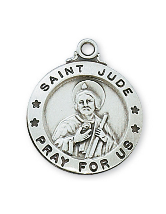 Medalla de San Judas de plata de ley grabable con cadena de rodio de 20" 