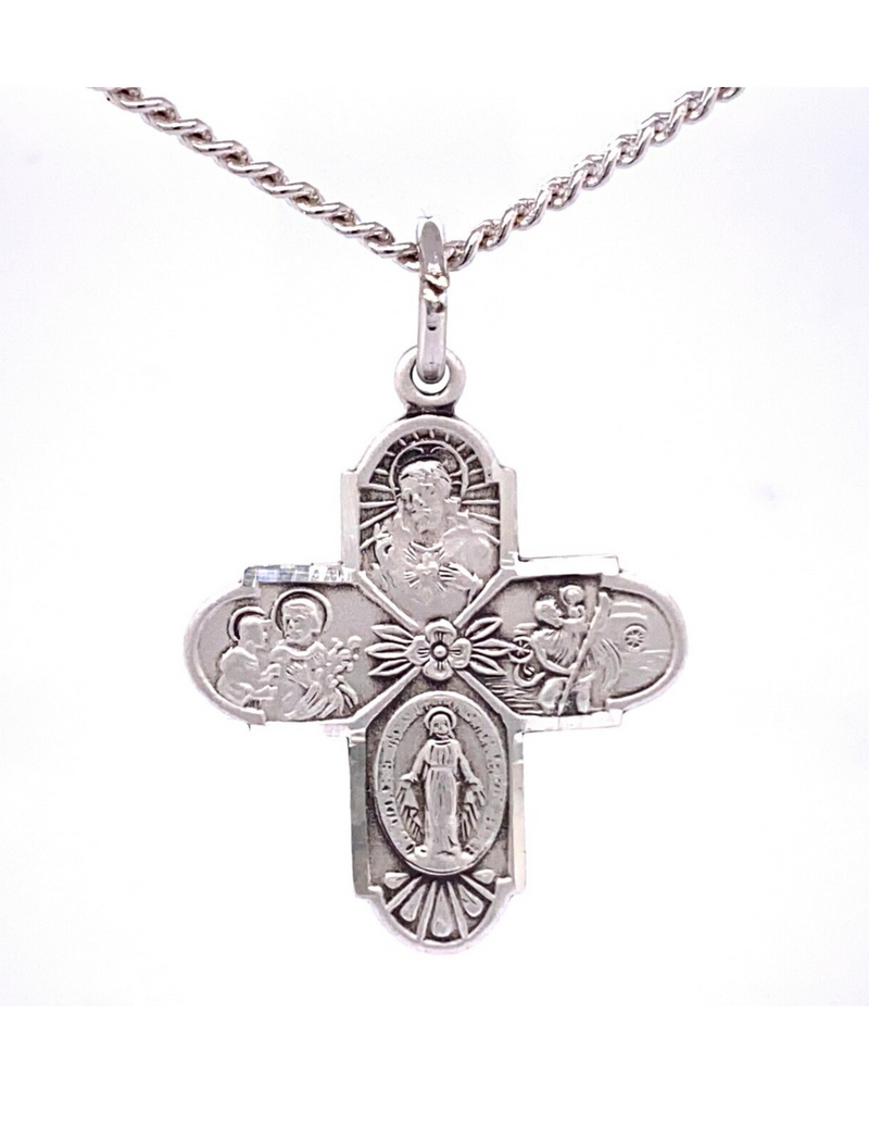 Four Way Medal Sterling Silver with 20 inch Rhodium Plated Brass Chain