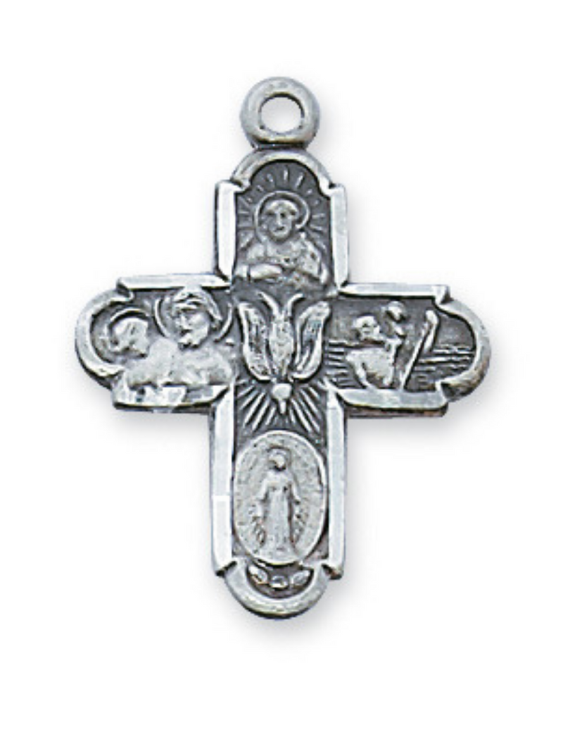 Four Way Medal Sterling Silver with 18 inch Rhodium Plated Brass Chain