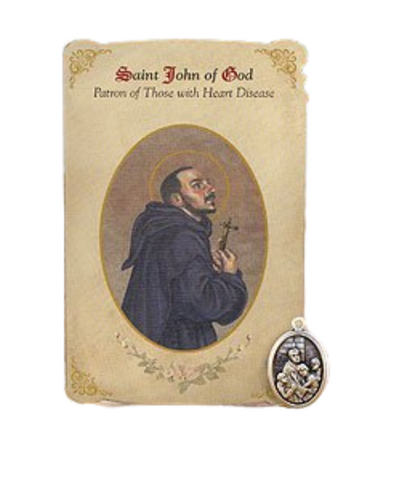 Holy Card St. John Of God with Heart Healing Medal Set - 6 Pcs. Per Package