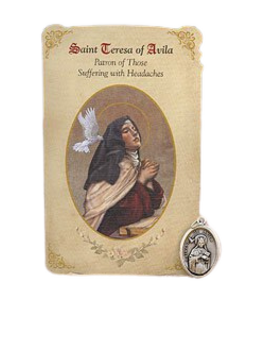 Holy Card St. Teresa Of Avila with Migraine Healing Medal Set - 6 Pcs. Per Package