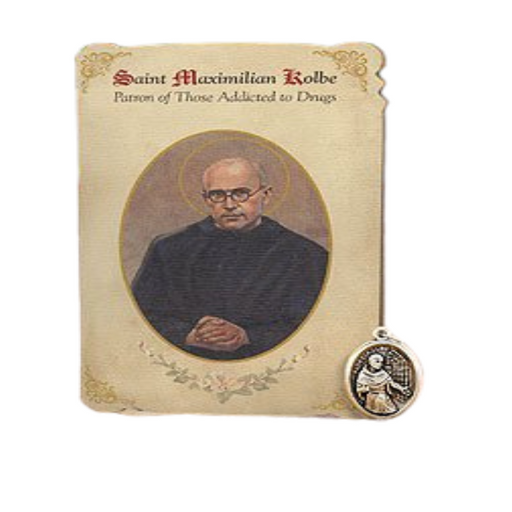 Holy Card St. Maximillian Kolbe with Addiction Healing Medal Set - 6 Pcs. Per Package