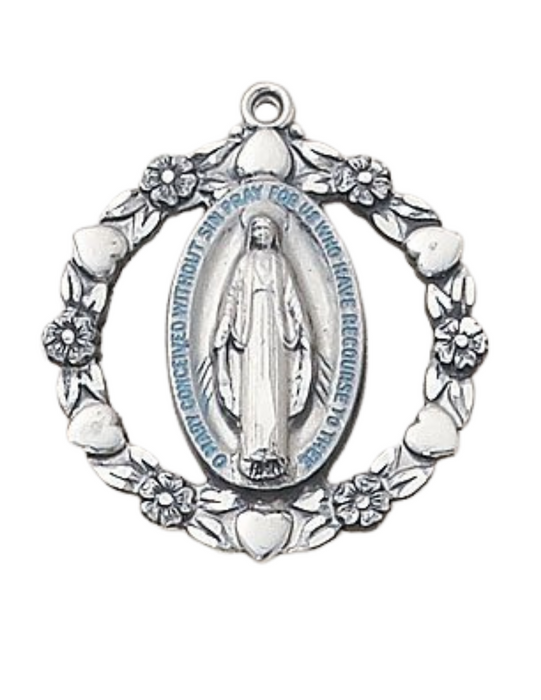 Sterling Silver and Blue Miraculous Medal with 24" Chain