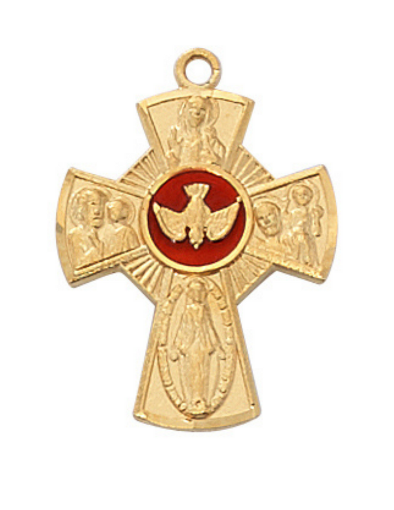 Four Way Medal Gold Over Sterling Silver with Red Enameled and 18 inch Gold Plated Brass Chain