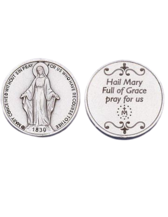 Our Lady of Grace Miraculous Medal - Pocket Silver Tone Italian Prayer Token