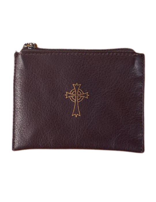 Brown Leather Stamped Cross Rosary Case