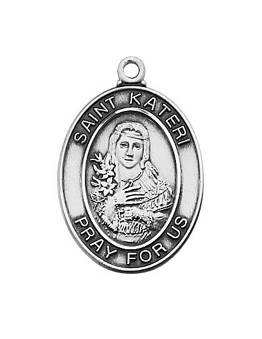 Sterling Silver St. Kateri Medal with 18" Rhodium Plated Chain Sterling Silver St. Kateri Medal Necklace Holy Medals Holy Medal Necklace Medals for Protection Necklace for Protection