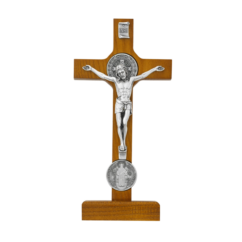 Walnut Crucifix with Silver Tone St. Benedict Medal Walnut standing crucifix with a silver tone corpus