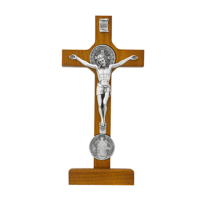 Walnut Crucifix with Silver Tone St. Benedict Medal Walnut standing crucifix with a silver tone corpus