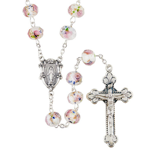 White Hand Painted Rosary With Italian Miraculous Medal