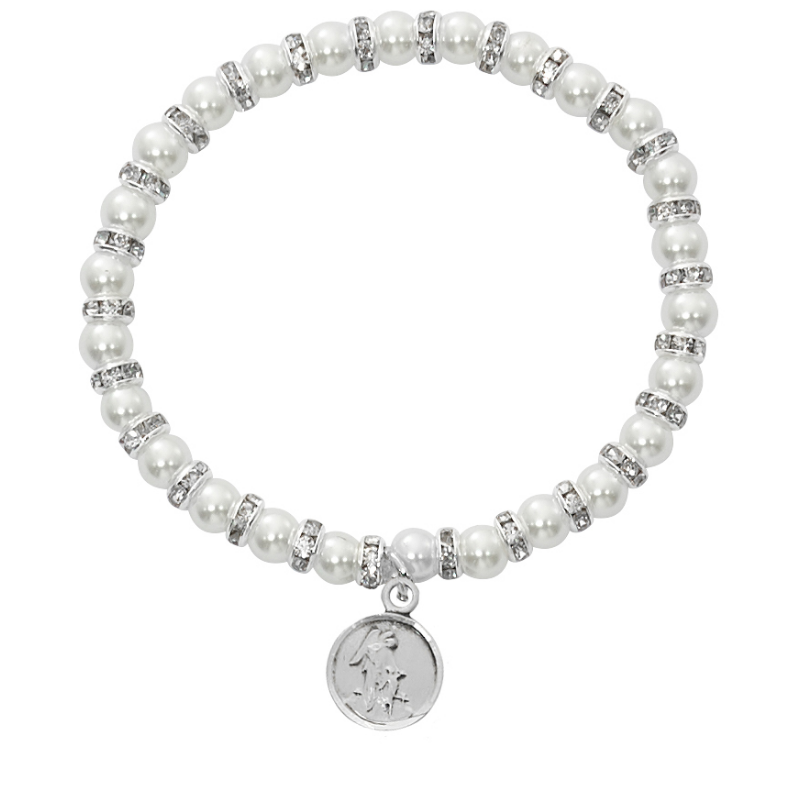 White Pearl Baby Bracelet with Sterling Silver Angel Medal