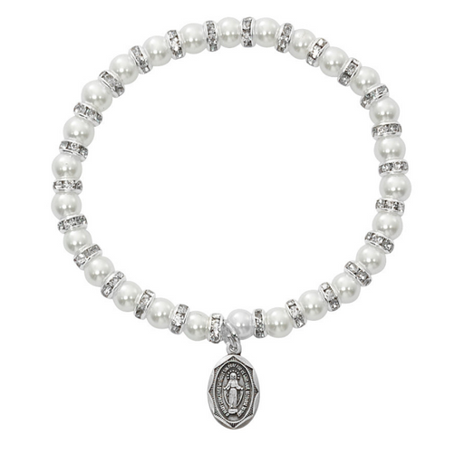 White Pearl Baby Bracelet w/ Pewter Miraculous Medal