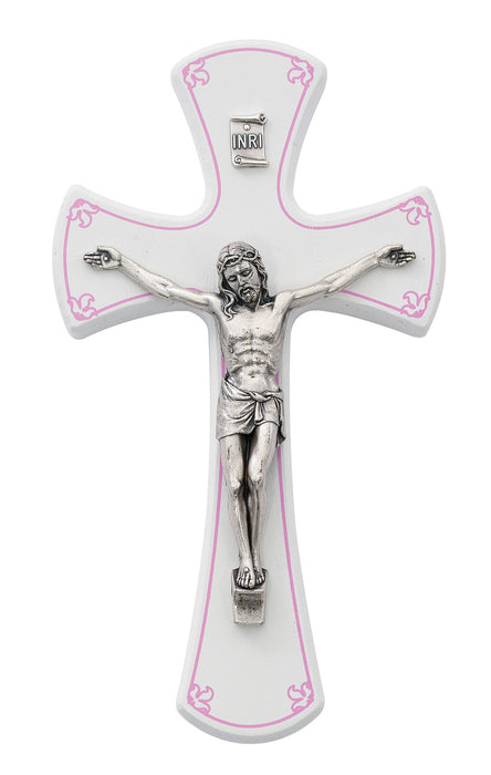 White and Pink Crucifix with Silver Corpus