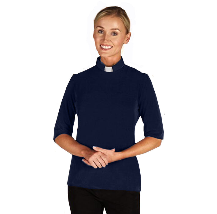 Camisa Clergy de punto jersey de manga corta para mujer - Negro - Cuello de 2 lengüetas