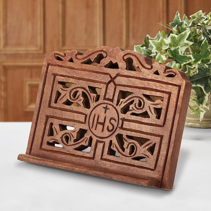 Wood Bible Stand With IHS Carved Design