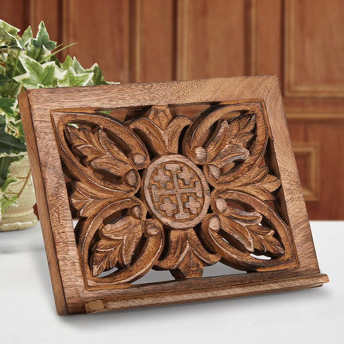Wood Bible Stand With Jerusalem Cross Carved